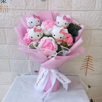 Hello Kitty Knitted Flowers Bouquet for Any Occasion featuring cute Hello Kitty figurines and knitted flowers in a pink arrangement.
